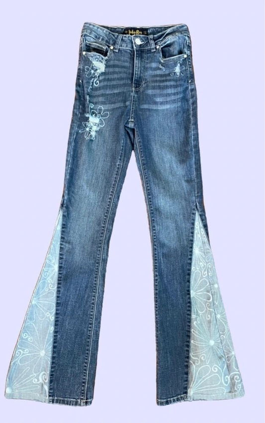 Floral 2-Tone Flare Jeans