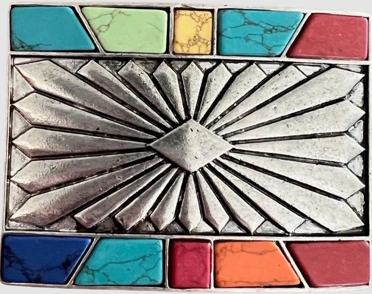 Colorful southwestern-belt buckle-silver-sunburst-vibrant- stone-inlays-rectangle-mosaic-antisilver-geometric-one-size-front