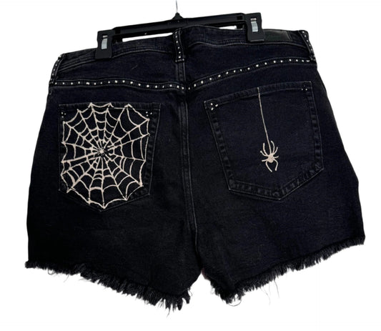 Spider Hand Bleached Shorts -  "Holli."  Repurposed Curvy High RiseMom Shorts 3" Size 13 / 31  Vintage Stretch