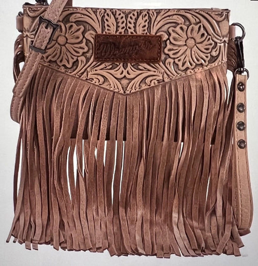 Wrangler Vintage Floral Tooled Leather Fringe Wristlet / Clutch : Crossbody Adjustable - 11 different colors (Use 3 Ways)