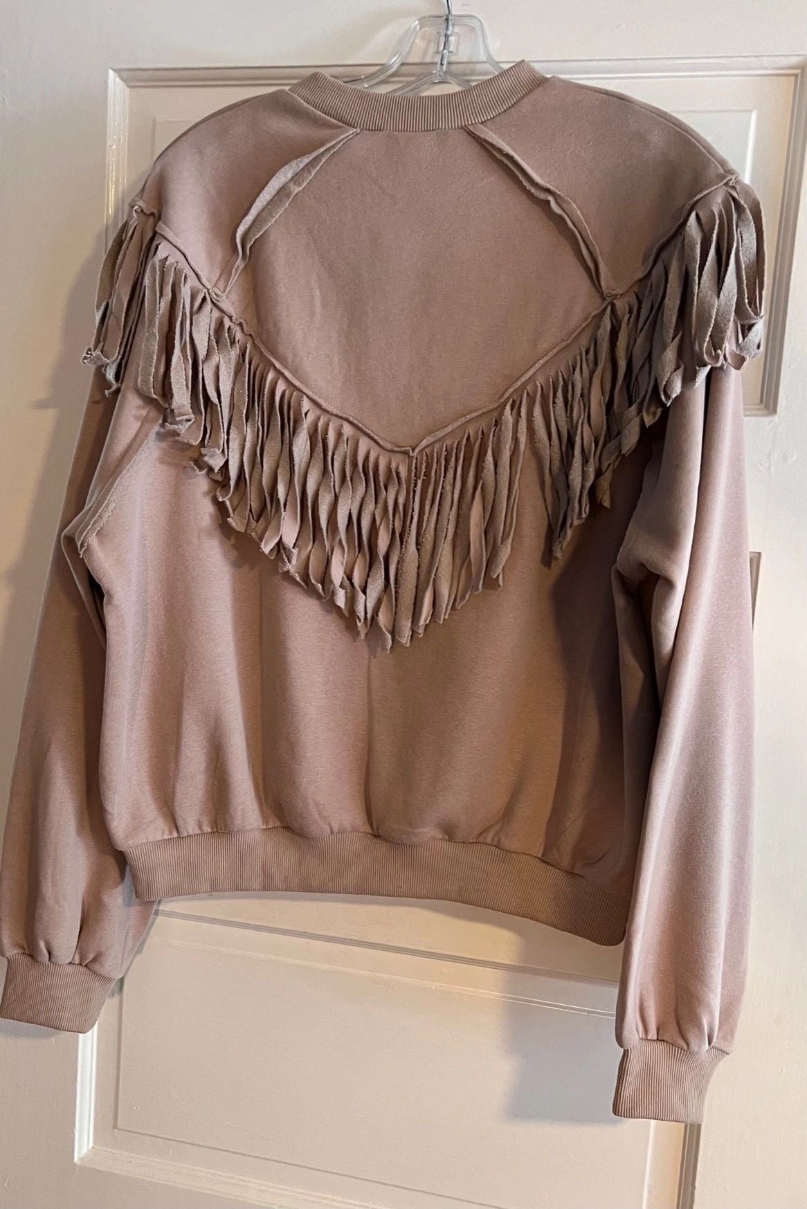 Western Crew Neck Fringed Cowgirl Sweatshirt - Mauve/Tan