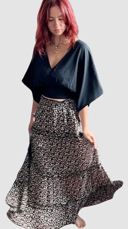 Blossom Drift Tiered Maxi Skirt Black, Mauve, PInk and White Floral