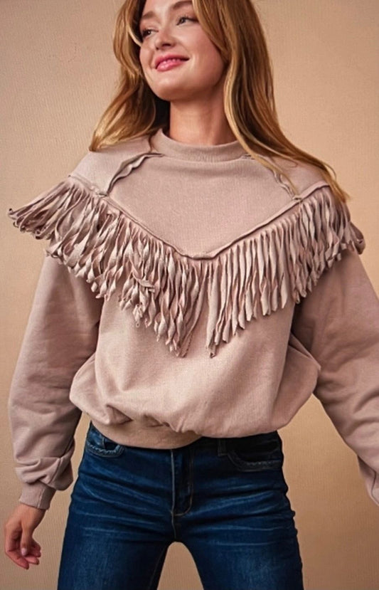 Western Crew Neck Fringed Cowgirl Sweatshirt - Mauve/Tan