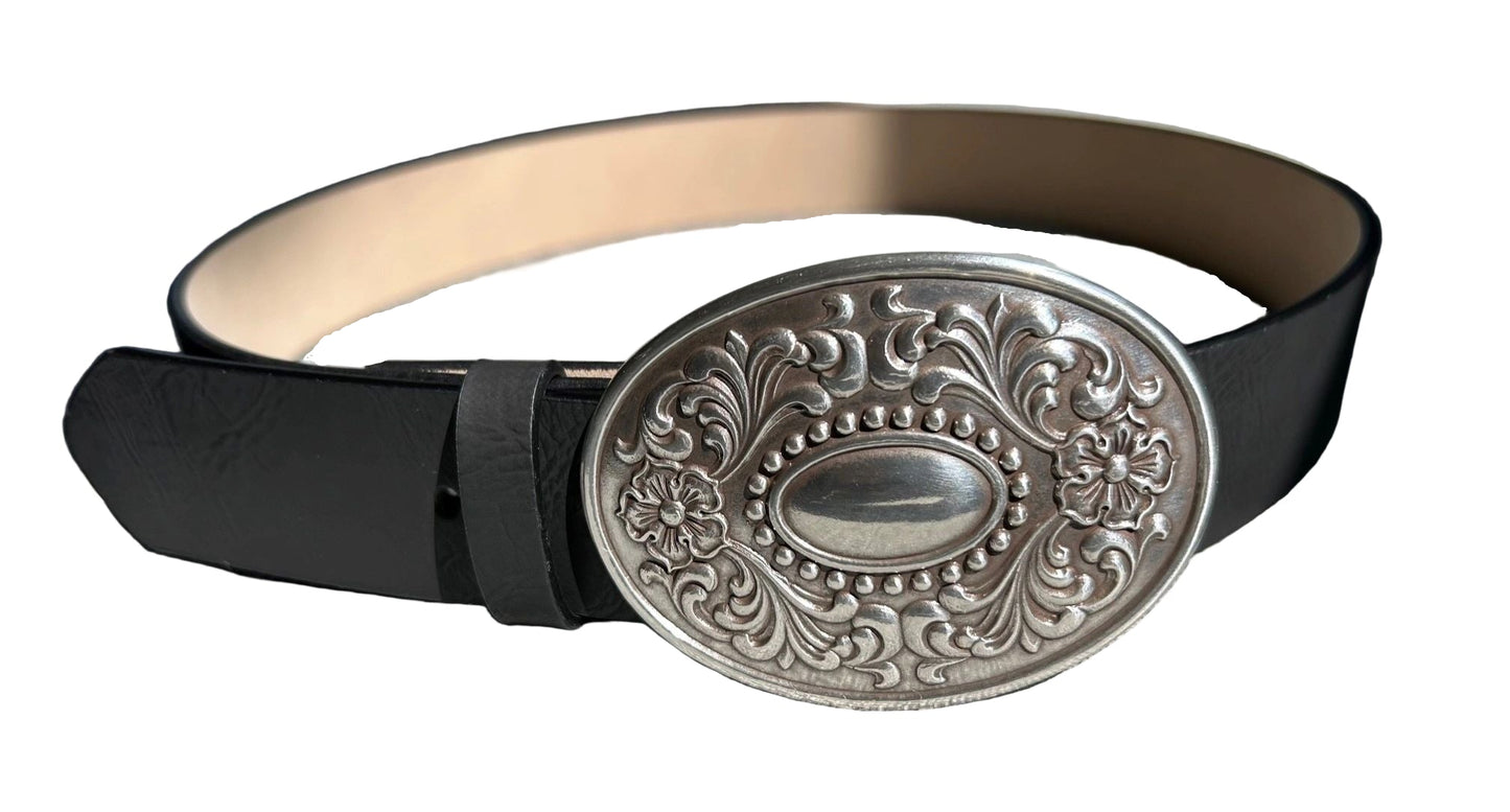 Western Oval Floral Buckle * Black Belt