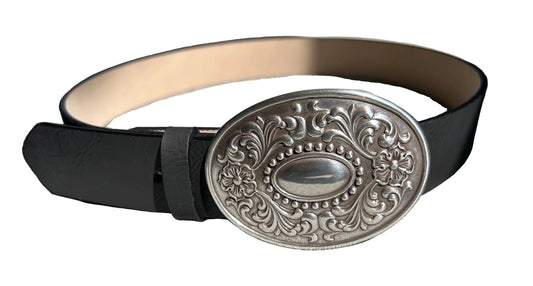 Western Oval Floral Buckle * Black Belt