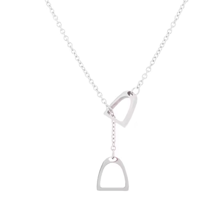 Equestrian Stirrups Link Chain Lariat Necklace in Silver and Gold – Stainless Steel, Waterproof, Coastal Chic Jewelry-SILVER