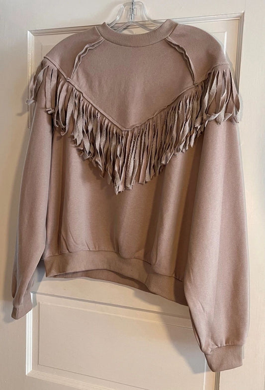 Western Crew Neck Fringed Cowgirl Sweatshirt - Mauve/Tan