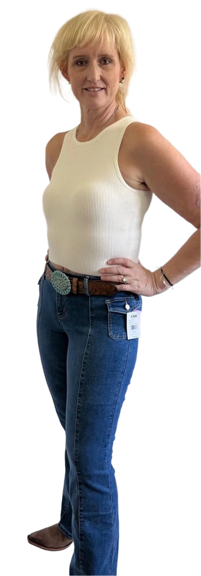 THE BABE Jean ~ Low Rise Seamed Flare Front Pocket 2 Button Closure YMI Jean