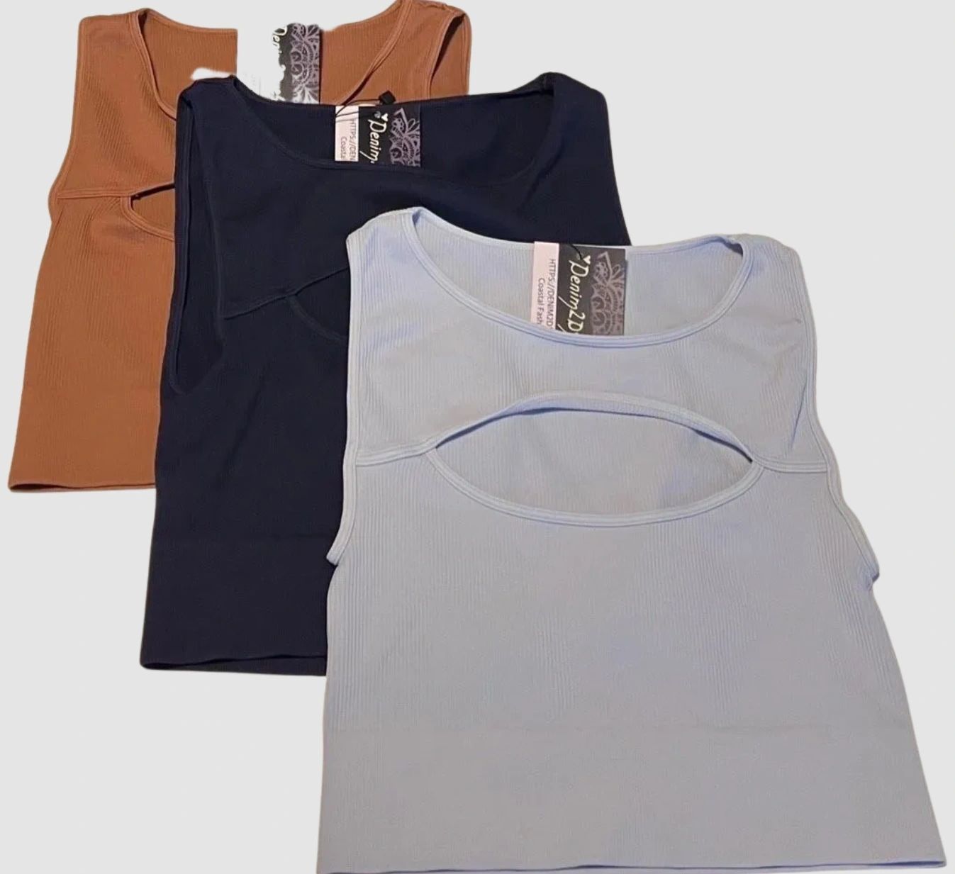 NIKI BIKI Seamless Keyhole Ribbed Tanktop Available in 3 Colors: Brown, Light and Dark Blue Made in USA Super Soft One Size Fits Most Ribbed Fabulous Cami Comfort Compression Stretchy Cropped