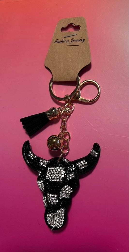 Rhinestone Black and White Steer Head Keychain