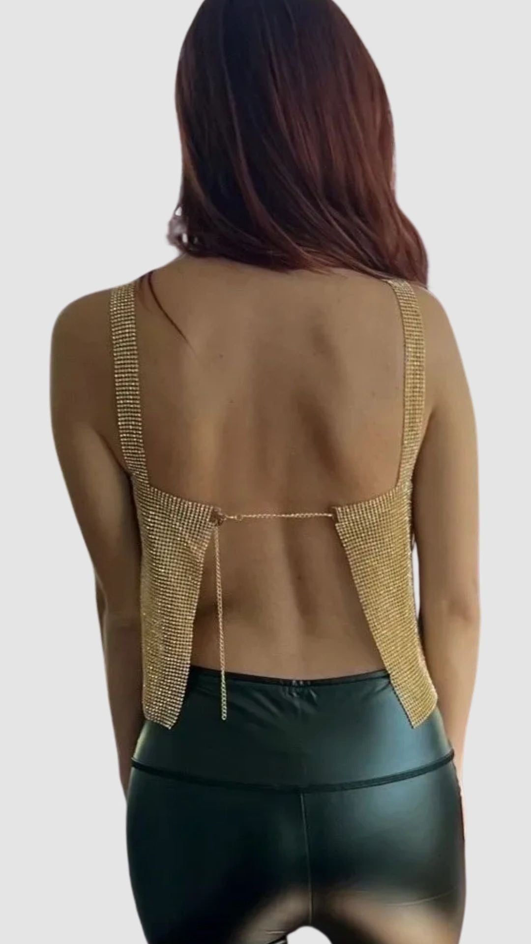 Krystal Link Cropped Rhinestone Tank Top in Silver and Bronze – Glam Statement Piece for Trendy Layered or Solo Looks-bronze-back