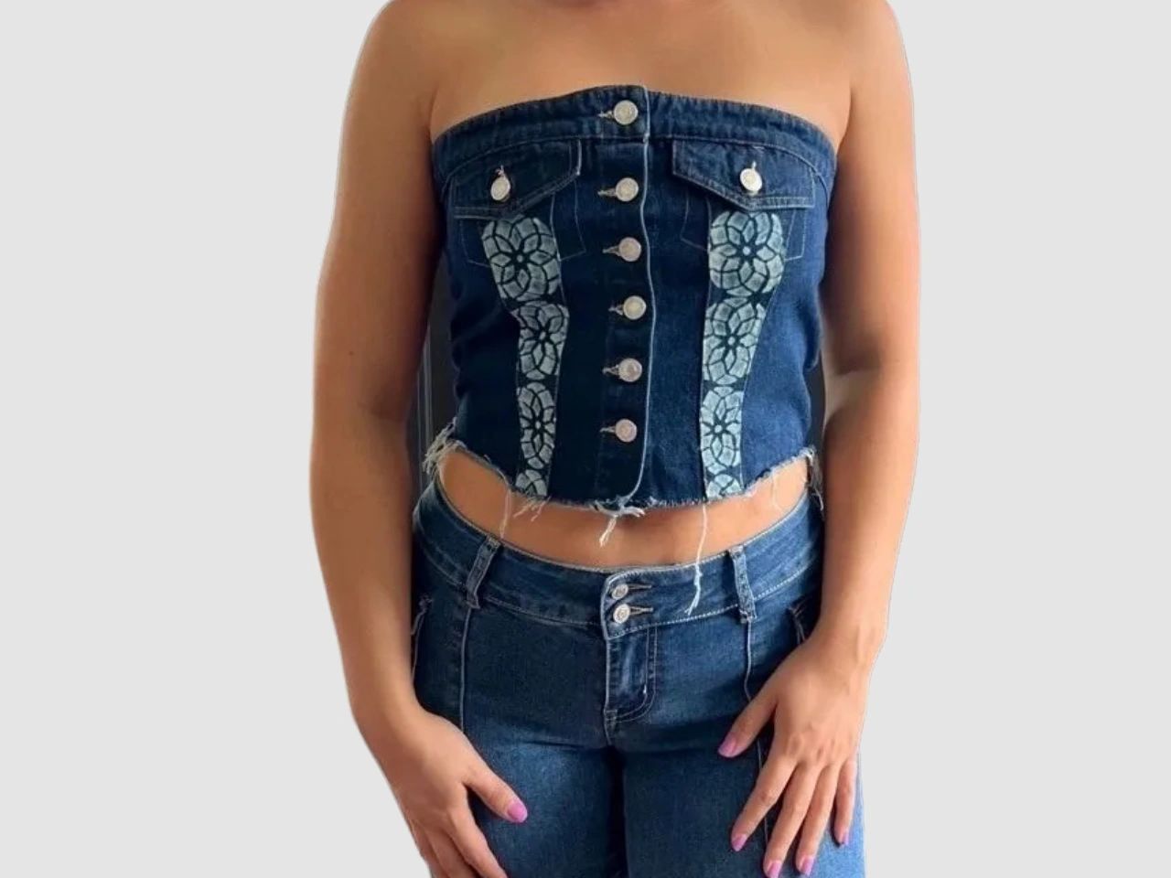 The Mandala Muse Denim Tube Top for Women Hand Bleached with Button Up Strapless Front and Smocked Back