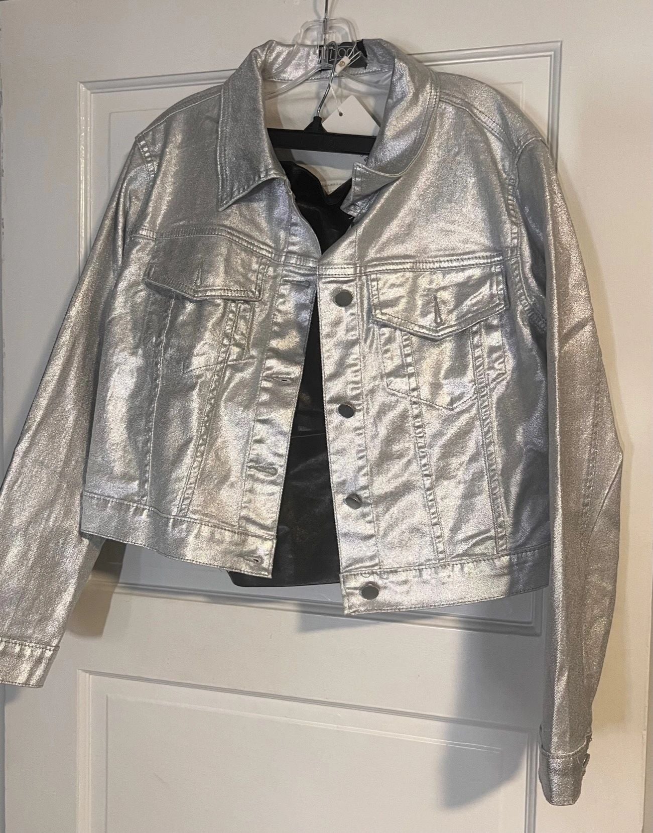 The Jackie Metallic Silver Coated Button Up Jacket by ITOO