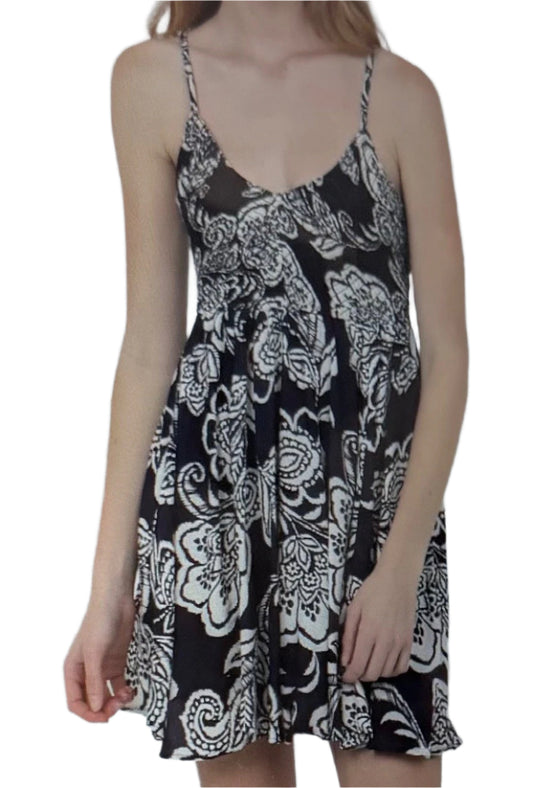 navy floral smocked mini dress with adjustable spaghetti straps and skater fit by Angie in cotton front view