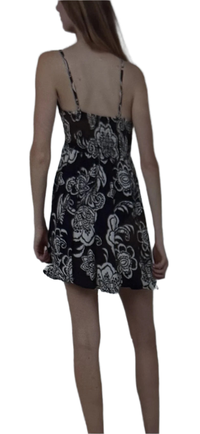 navy floral smocked mini dress with adjustable spaghetti straps and skater fit by Angie in cotton back