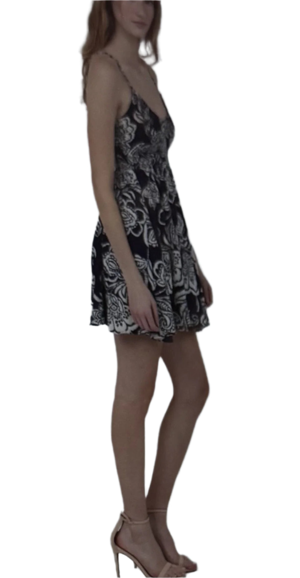 navy fl sideoral smocked mini dress with adjustable spaghetti straps and skater fit by Angie in cotton