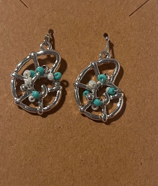 Shell Silver Dangle Earring with Turquoise and White Beads