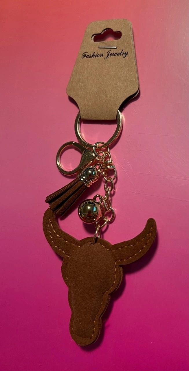 Rhinestone Black and White Steer Head Keychain