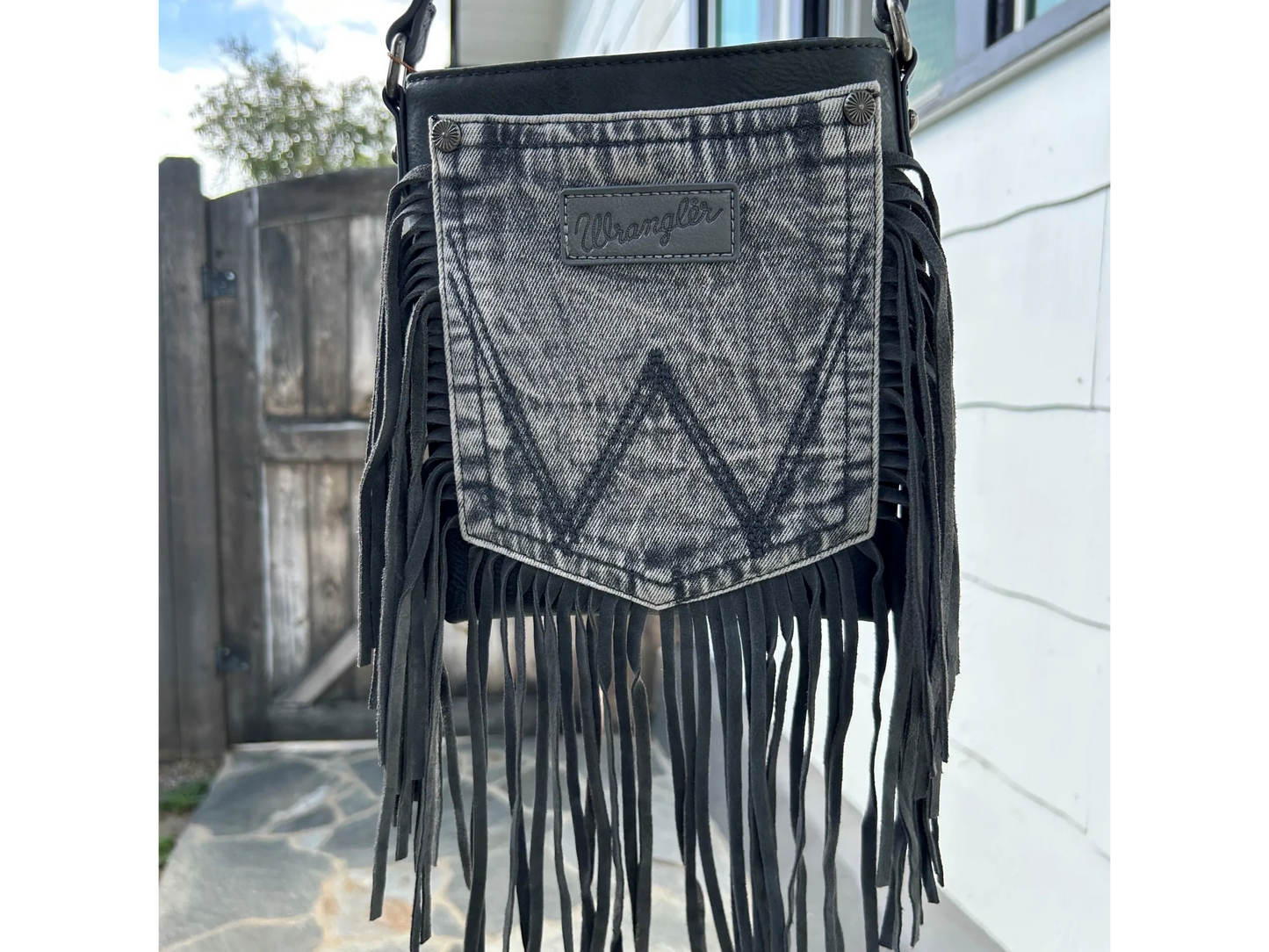 Wrangler Leather Fringe Jean Denim Pocket Crossbody Purse (2 Colors - White and Turquoise Fringe Available)