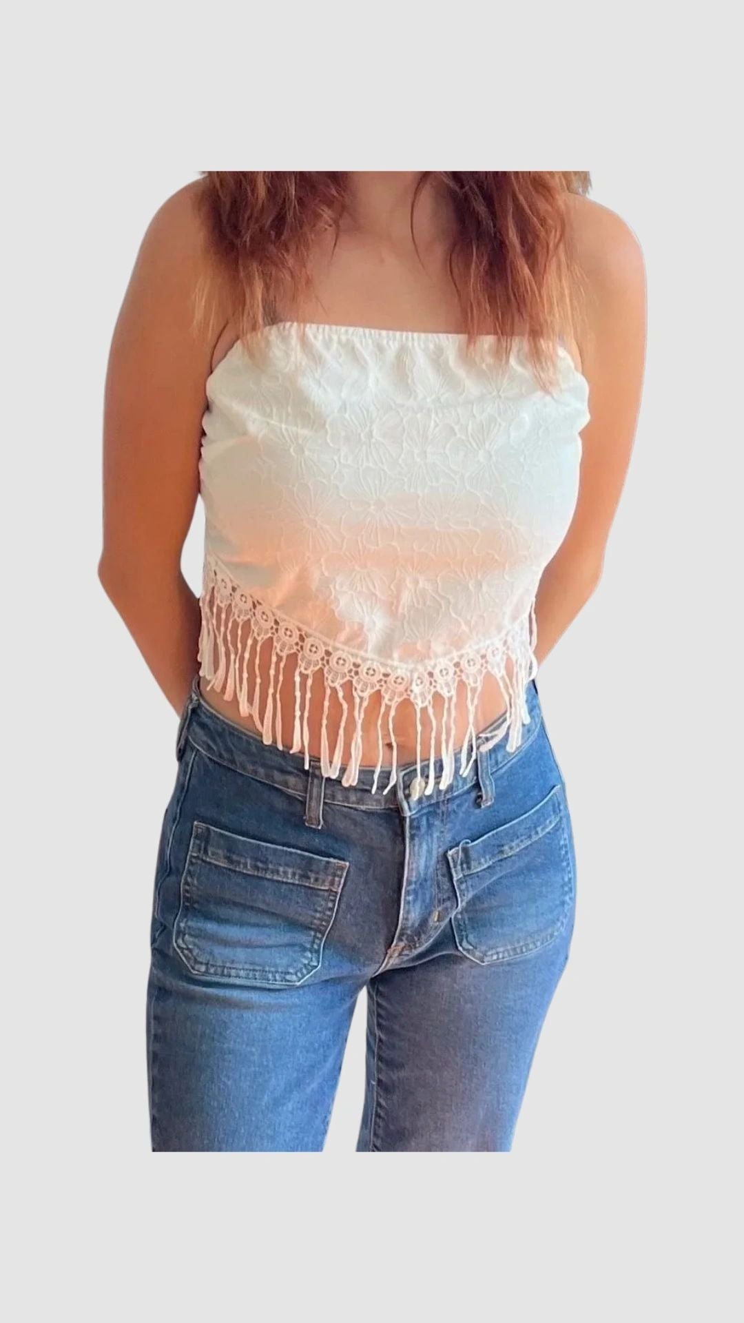 White Fringe Bandeau Tie Back Top