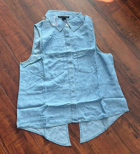 Sleeveless Denim Collared Button Up Shirt with Split Tail Back Hem