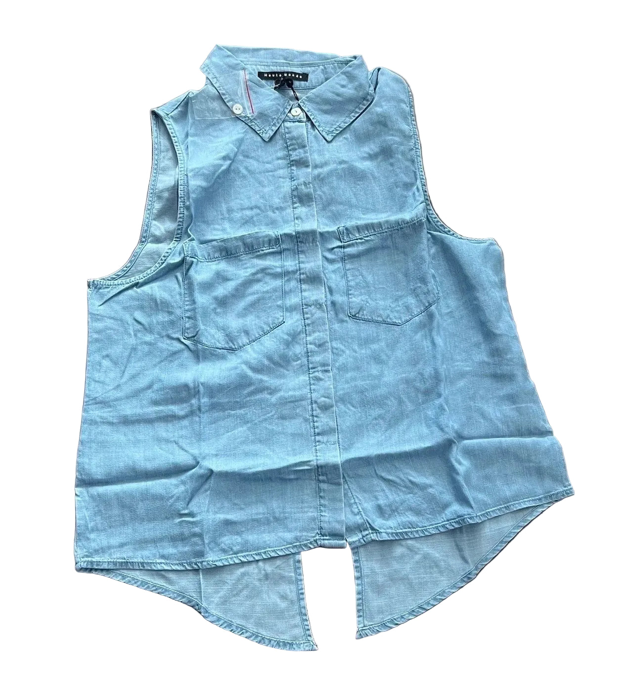 Sleeveless Denim Collared Button Up Shirt with Split Tail Back Hem