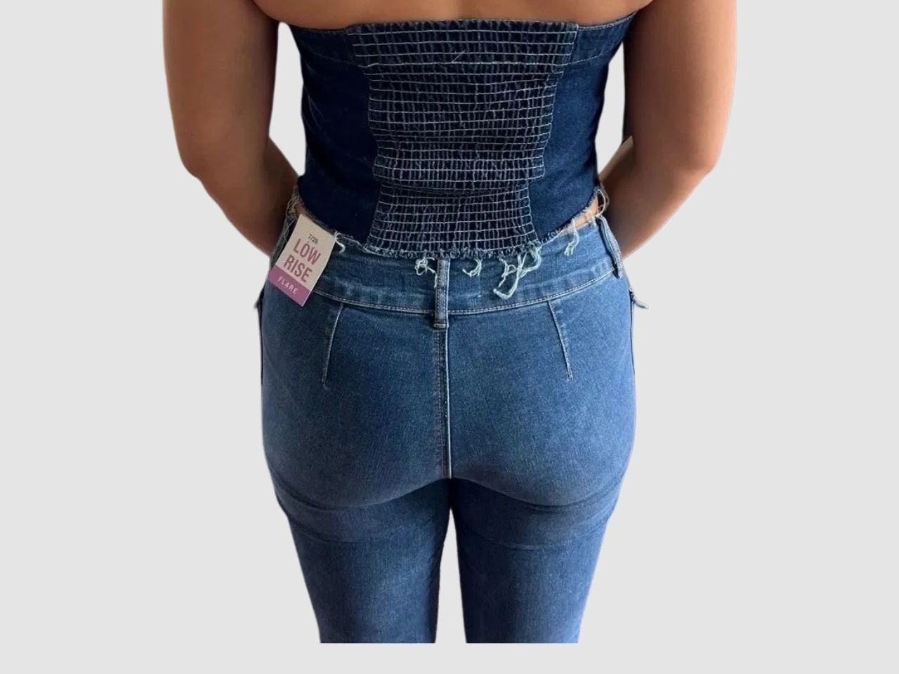 The Mandala Muse Denim Tube Top for Women Hand Bleached with Button Up Strapless Front and Smocked Back