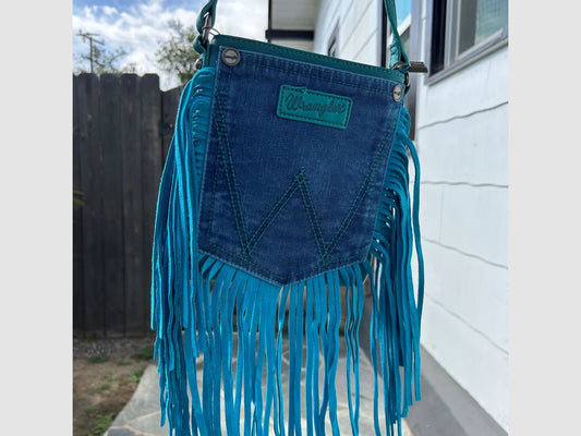 Wrangler Leather Fringe Jean Denim Pocket Crossbody Purse (2 Colors - White and Turquoise Fringe Available)