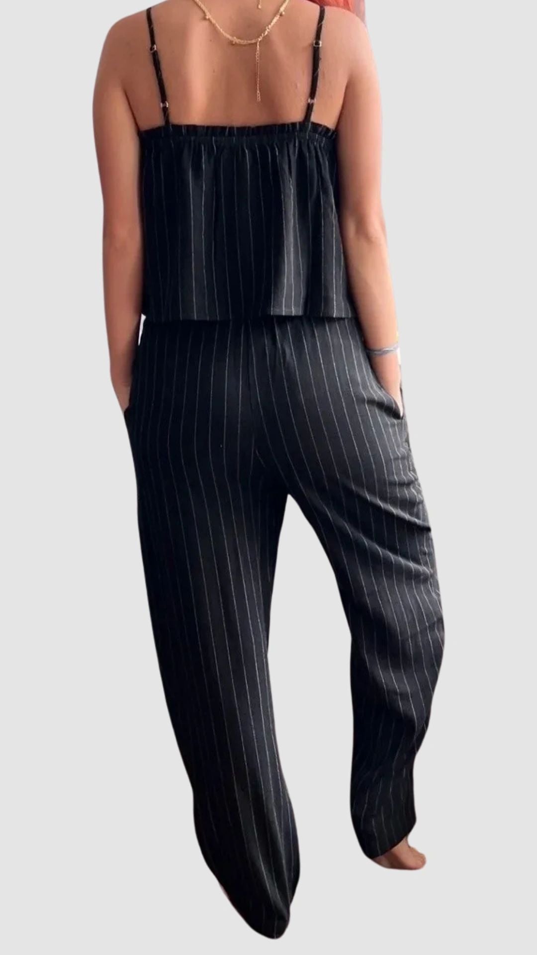 Striped Black Linen Elastic Waist Cropped Pant - Black with White Pinstripe