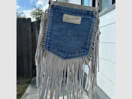 Wrangler Leather Fringe Jean Denim Pocket Crossbody Purse (2 Colors - White and Turquoise Fringe Available)