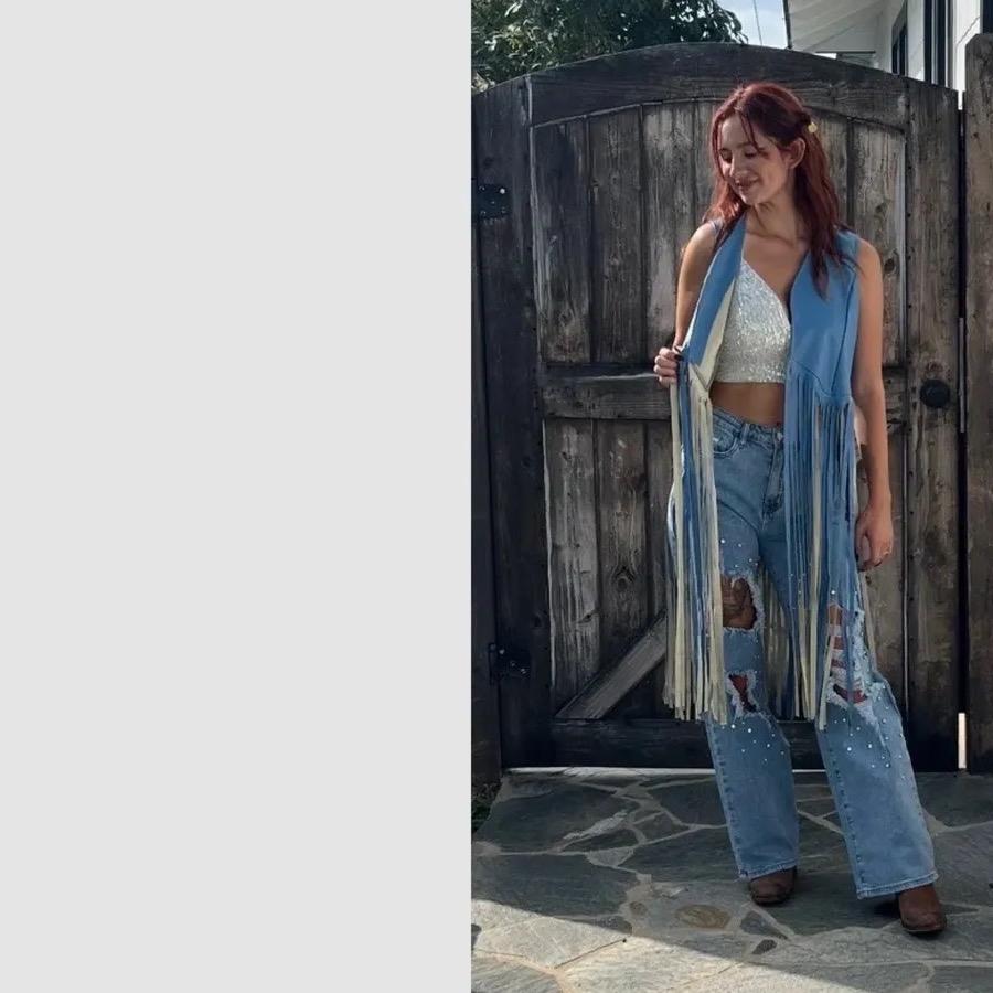 Cassie Blue Long Fringe Faux Leather Vest Casual Clothes Womenswear Tops