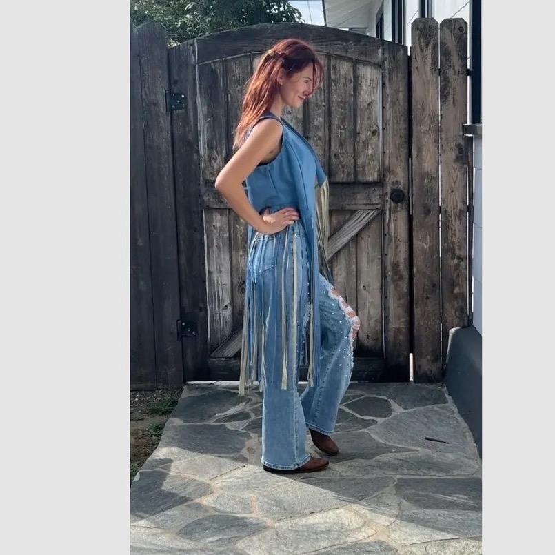 Cassie Blue Long Fringe Faux Leather Vest Casual Clothes Womenswear Tops