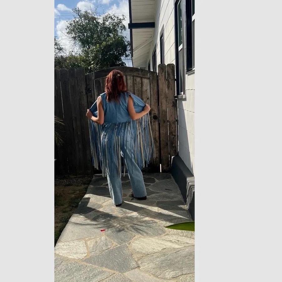 Cassie Blue Long Fringe Faux Leather Vest Casual Clothes Womenswear Tops