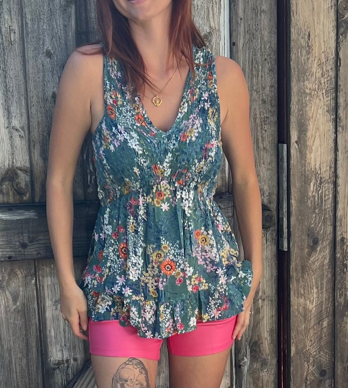 Jill Green Floral Smocked Sleeveless Tank