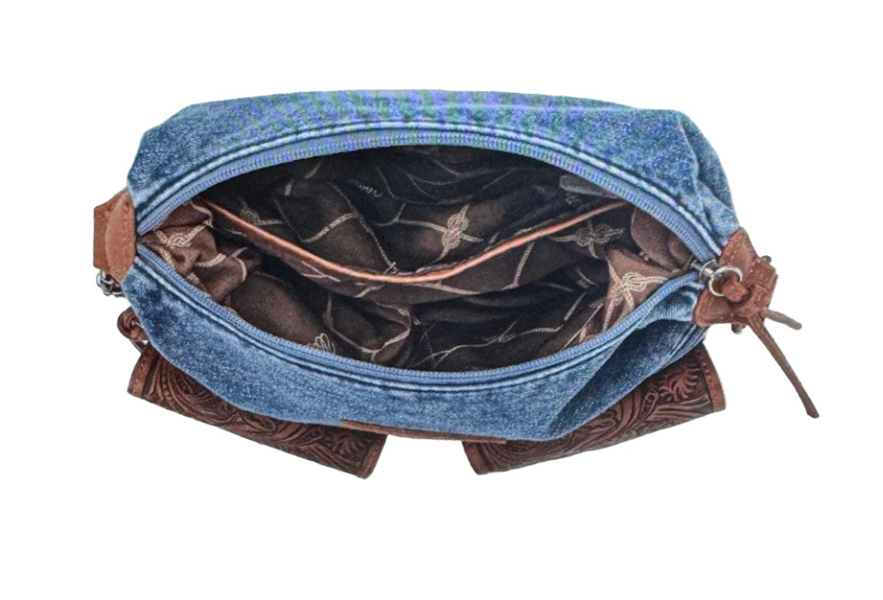 Wrangler Chaser Denim Purse with Floral Tooled Magnetic Front Pockets