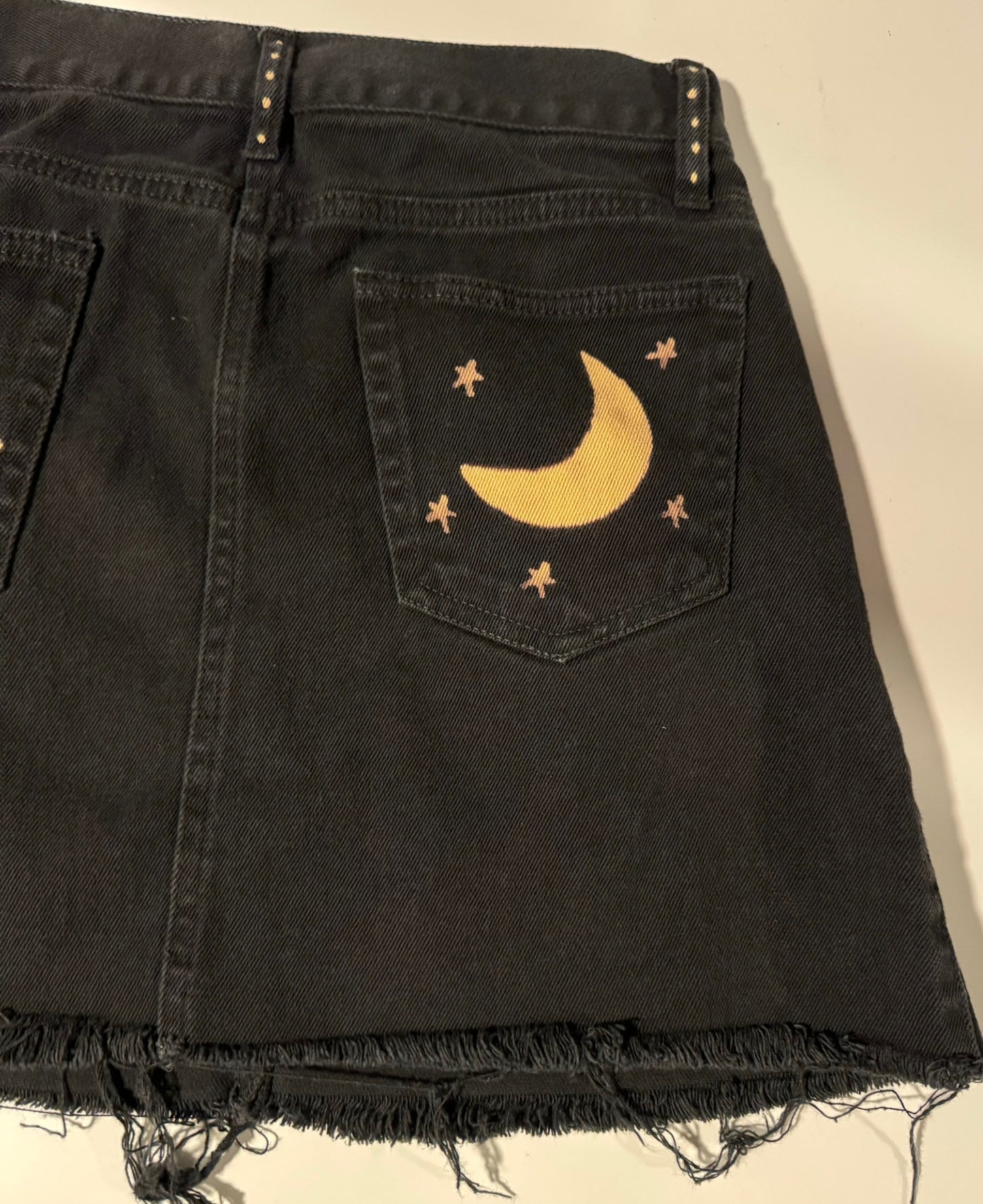 Bat and Moon Hand Bleached Mini Skirt- Repurposed Melville Raw Hem Size 38