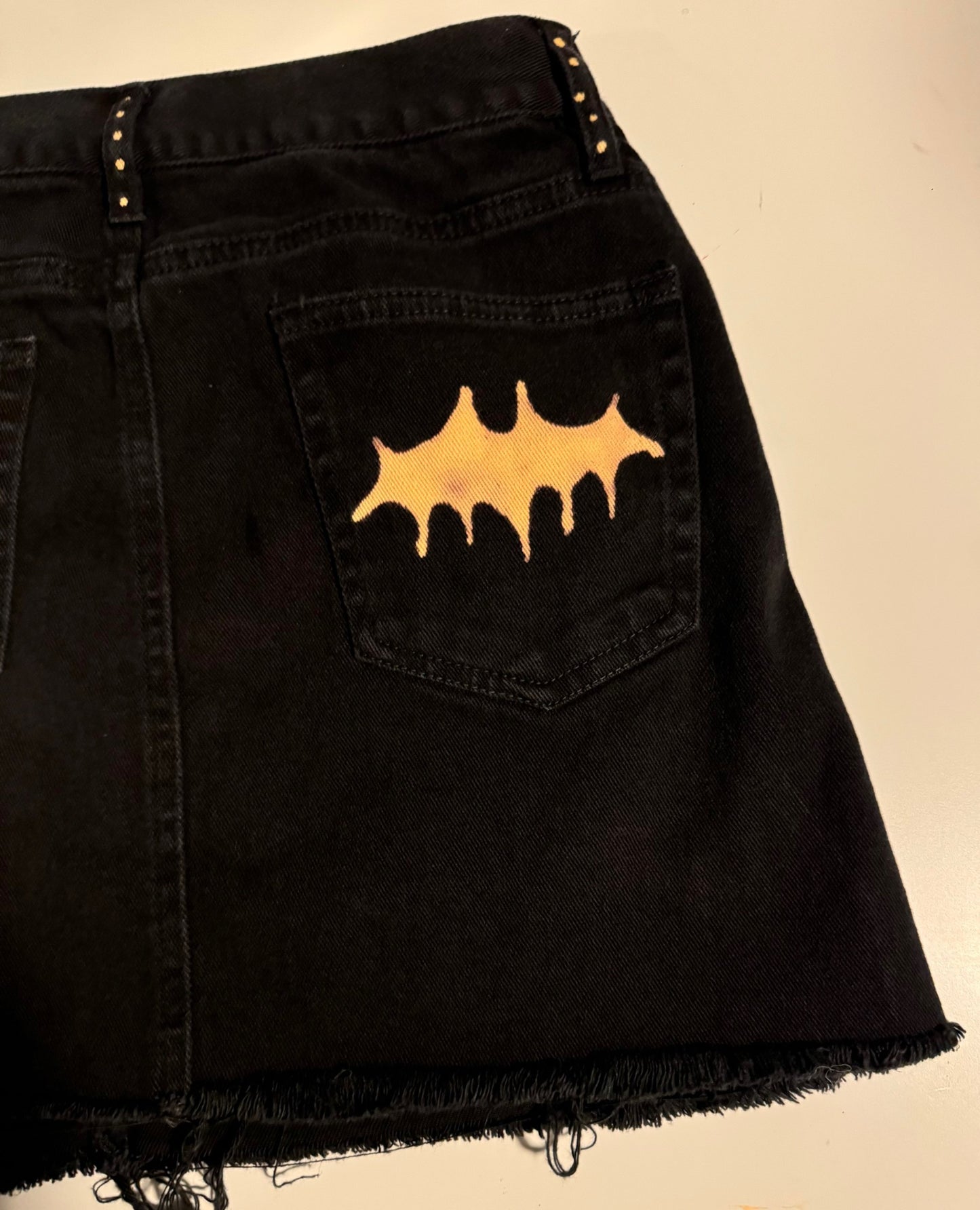 Bat and Moon Hand Bleached Mini Skirt- Repurposed Melville Raw Hem Size 38
