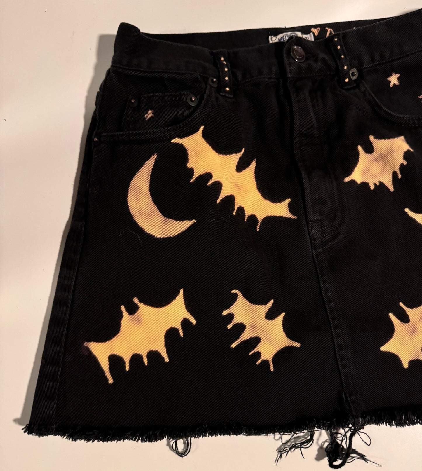 Bat and Moon Hand Bleached Mini Skirt- Repurposed Melville Raw Hem Size 38