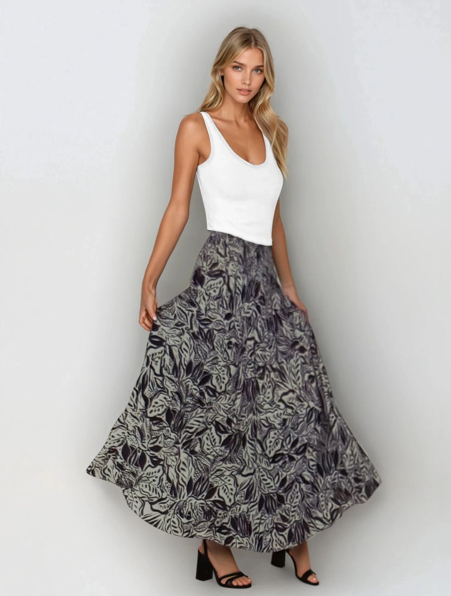 Ragan Navy and Beige Floral Maxi Skirt