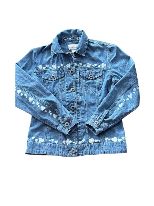 Light blue Draper and Damon denim jacket with hand-bleached hearts on pocket, hem, and sleeves – one-of-a-kind size small vintage streetwear