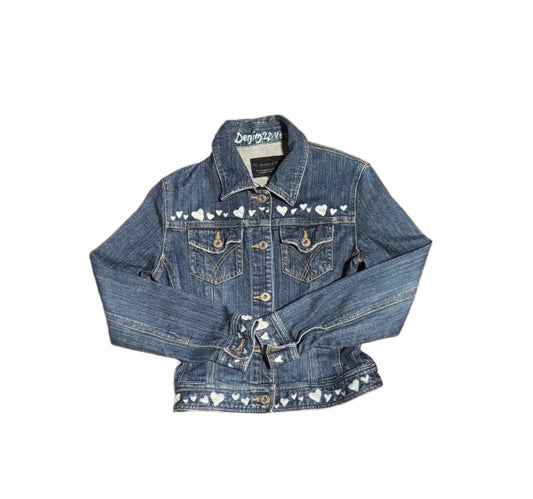 Medium blue LaChambre d'Ine denim jacket with hand-bleached hearts on back, cuffs, and hem – one-of-a-kind extra small vintage streetwear