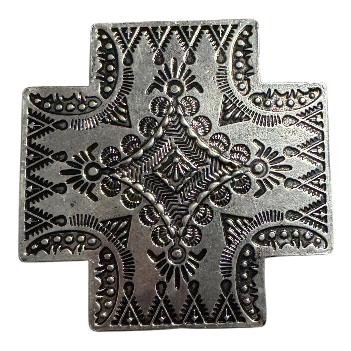 Silver and black western belt buckle close up FRONT