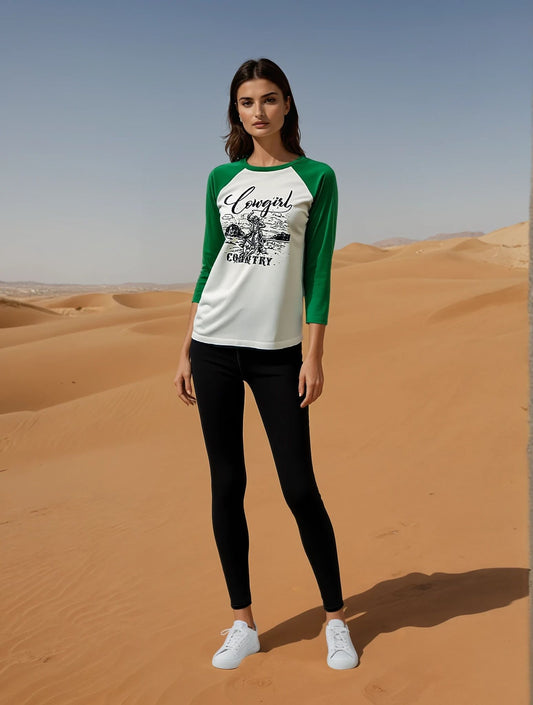 Cowgirl Country Green 3/4 Sleeve Graphic T-Shirt