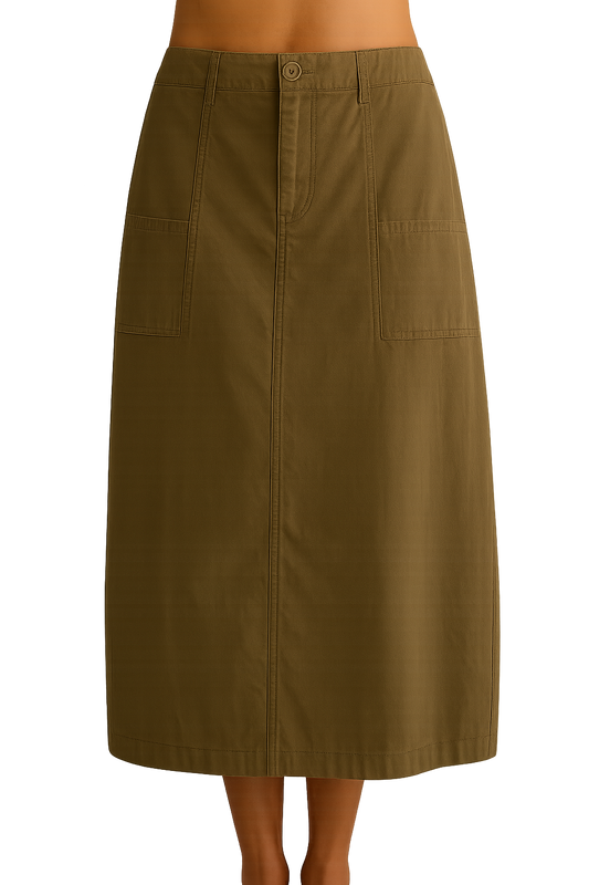 Olive Coast Cargo Maxi Skirt with Pockets and Back Slit