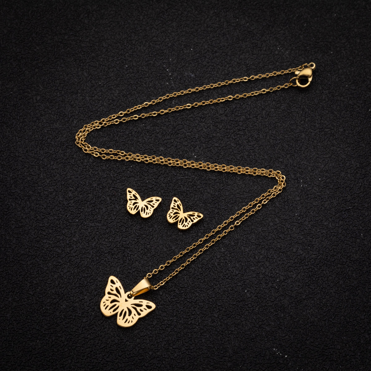 Sofia Butterfly Stainless Steel Earring and Necklace Set – Silver and Gold Jewelry – Modern Boho Chic – Everyday Glam – Durable & Hypoallergenic-GOLD