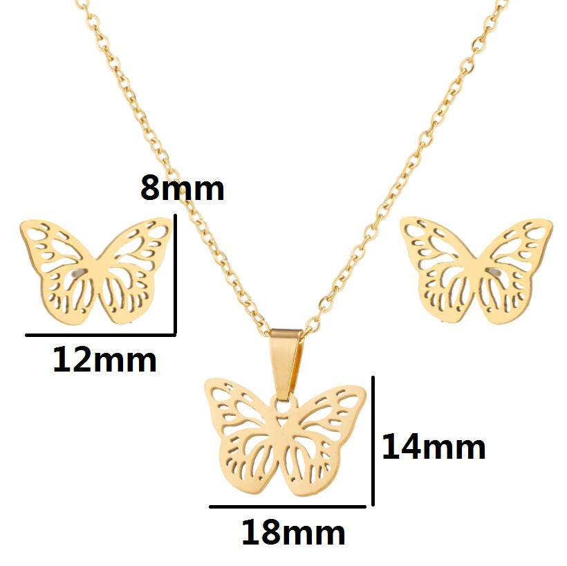 Sofia Butterfly Stainless Steel Earring and Necklace Set – Silver and Gold Jewelry – Modern Boho Chic – Everyday Glam – Durable & Hypoallergenic-GOLD-DIMENSIONS