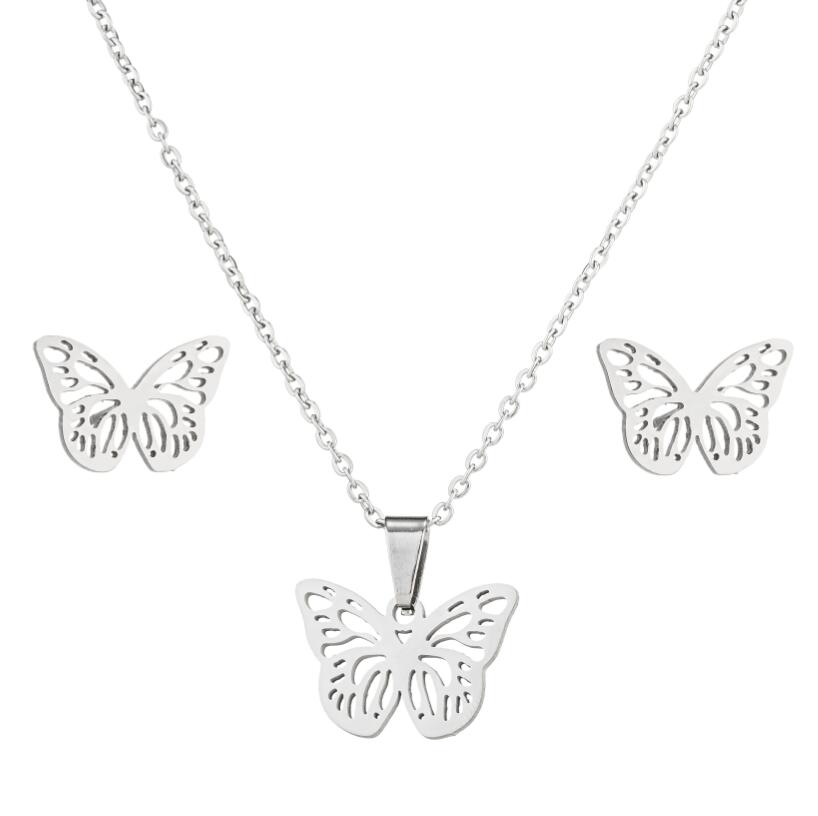 Sofia Butterfly Stainless Steel Earring and Necklace Set – Silver and Gold Jewelry – Modern Boho Chic – Everyday Glam – Durable & Hypoallergenic-SILVER