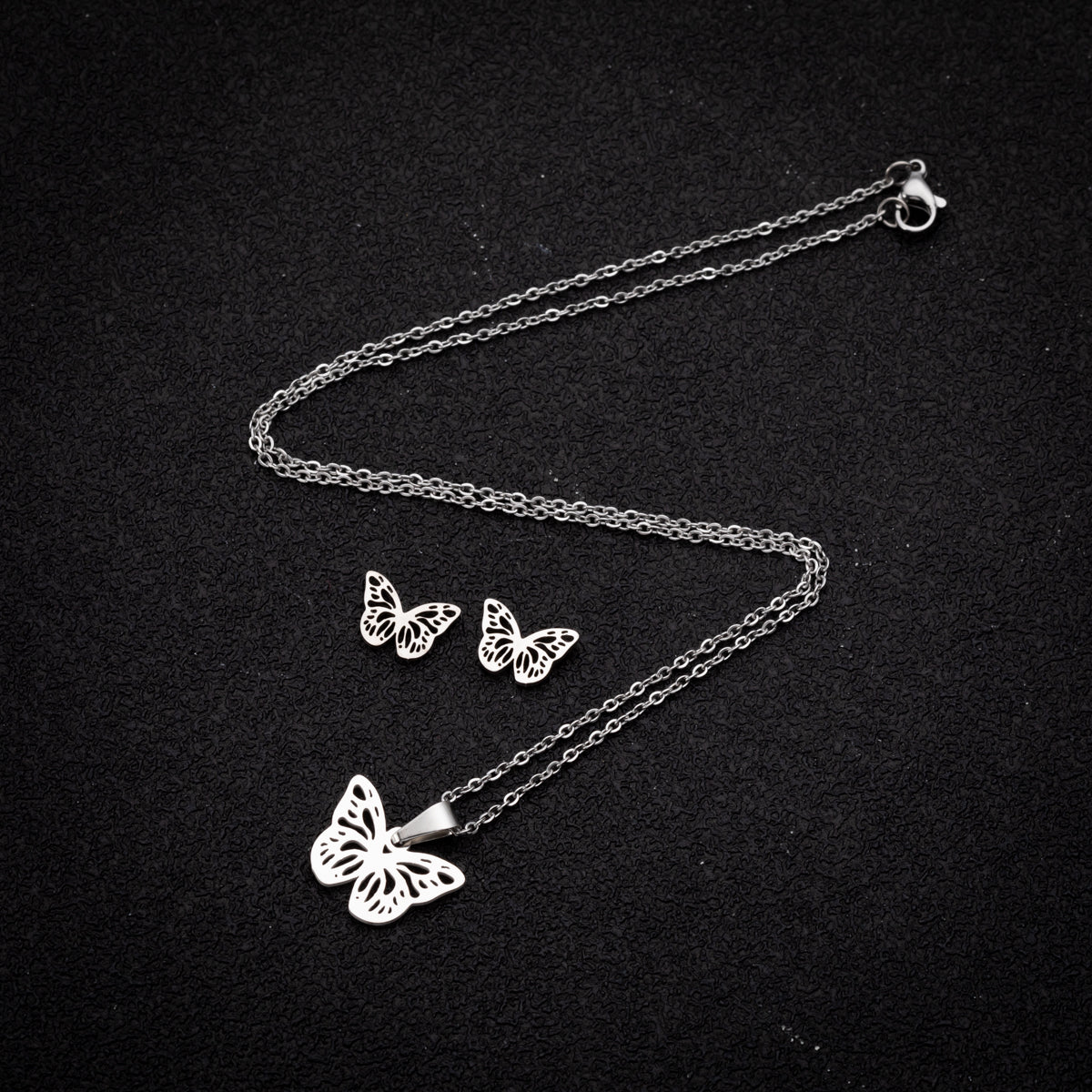 Sofia Butterfly Stainless Steel Earring and Necklace Set – Silver and Gold Jewelry – Modern Boho Chic – Everyday Glam – Durable & Hypoallergenic-SILVER