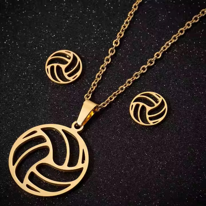 volleyball- pendant- necklace- and- hoop- earring- set- in- silver- and- gold- rose- stainless- steel- water- resistant- tarnish- free- sporty- chic- jewelry