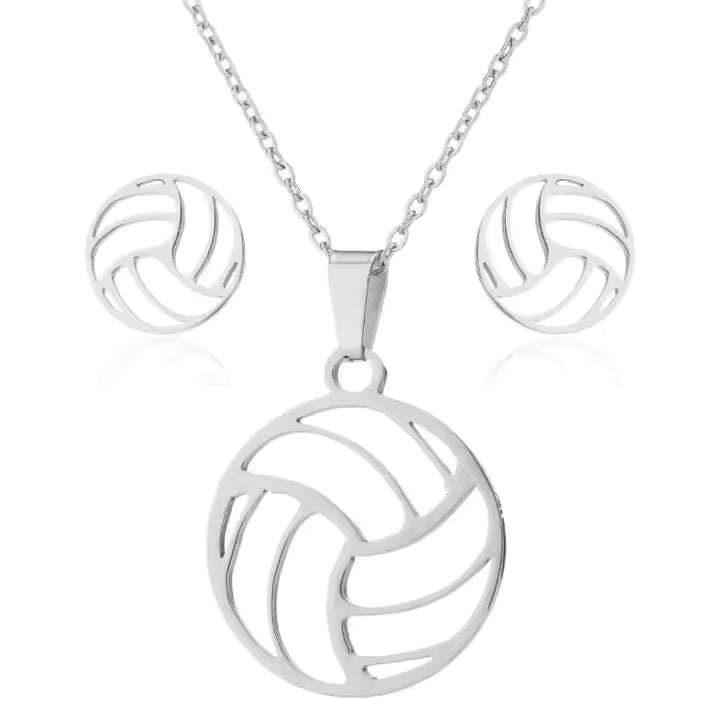 volleyball- pendant- necklace- and- hoop- earring- set- in- silver- and- gold- rose- stainless- steel- water- resistant- tarnish- free- sporty- chic- jewelry